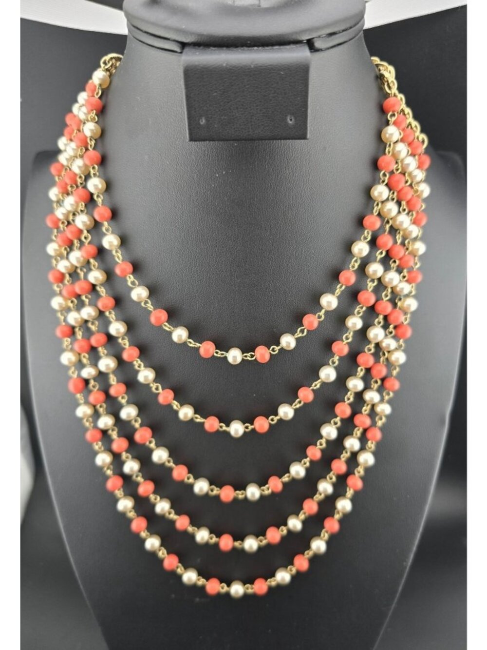 Faux Coral and Pearl Beads Necklace Gold Tone Multi-Strand 16" Adjustable Length